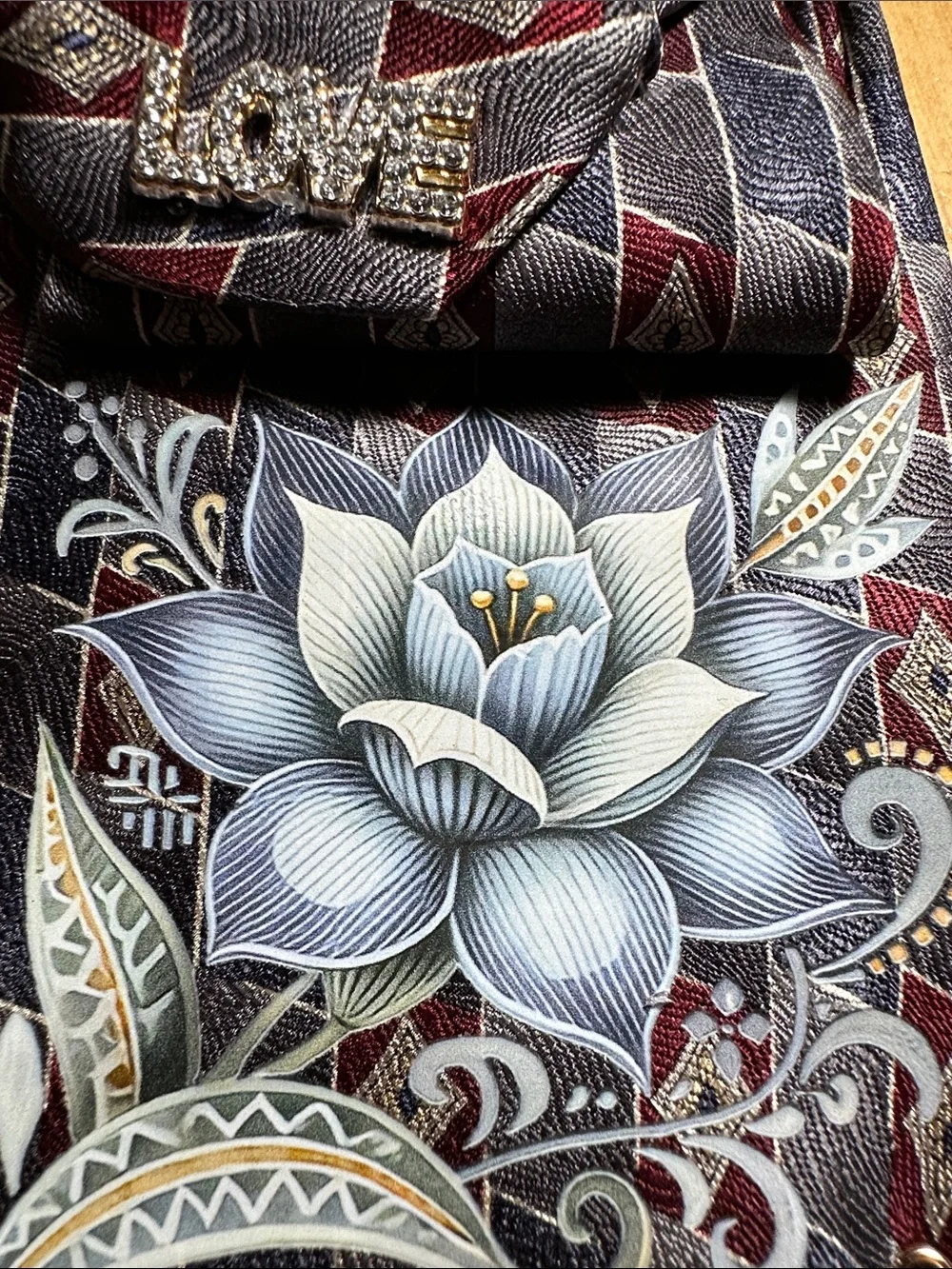 Haggar Navy, Burgundy & Gray Floral Silk Necklace Tie with Pearl Pin